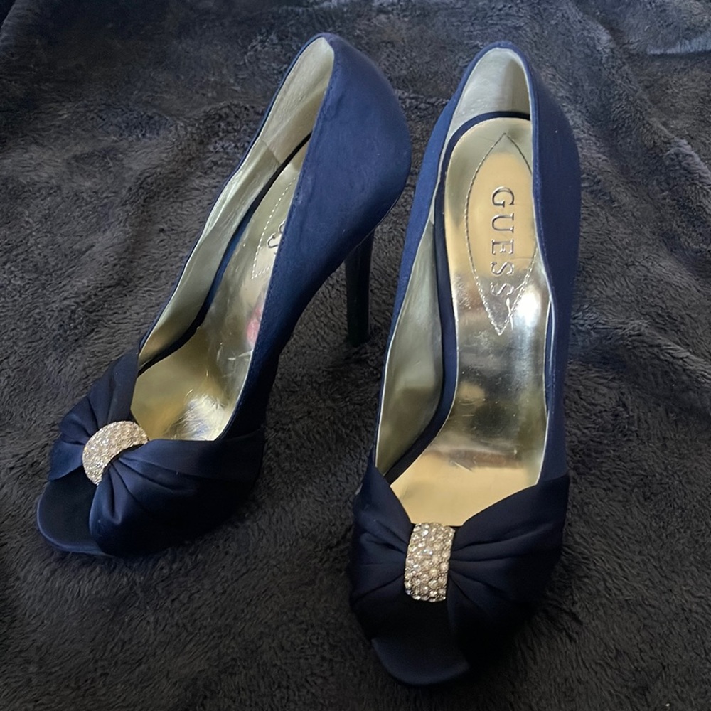 GUESS Navy Blue Satin Rhinestone Peep Toe Pumps Heels
